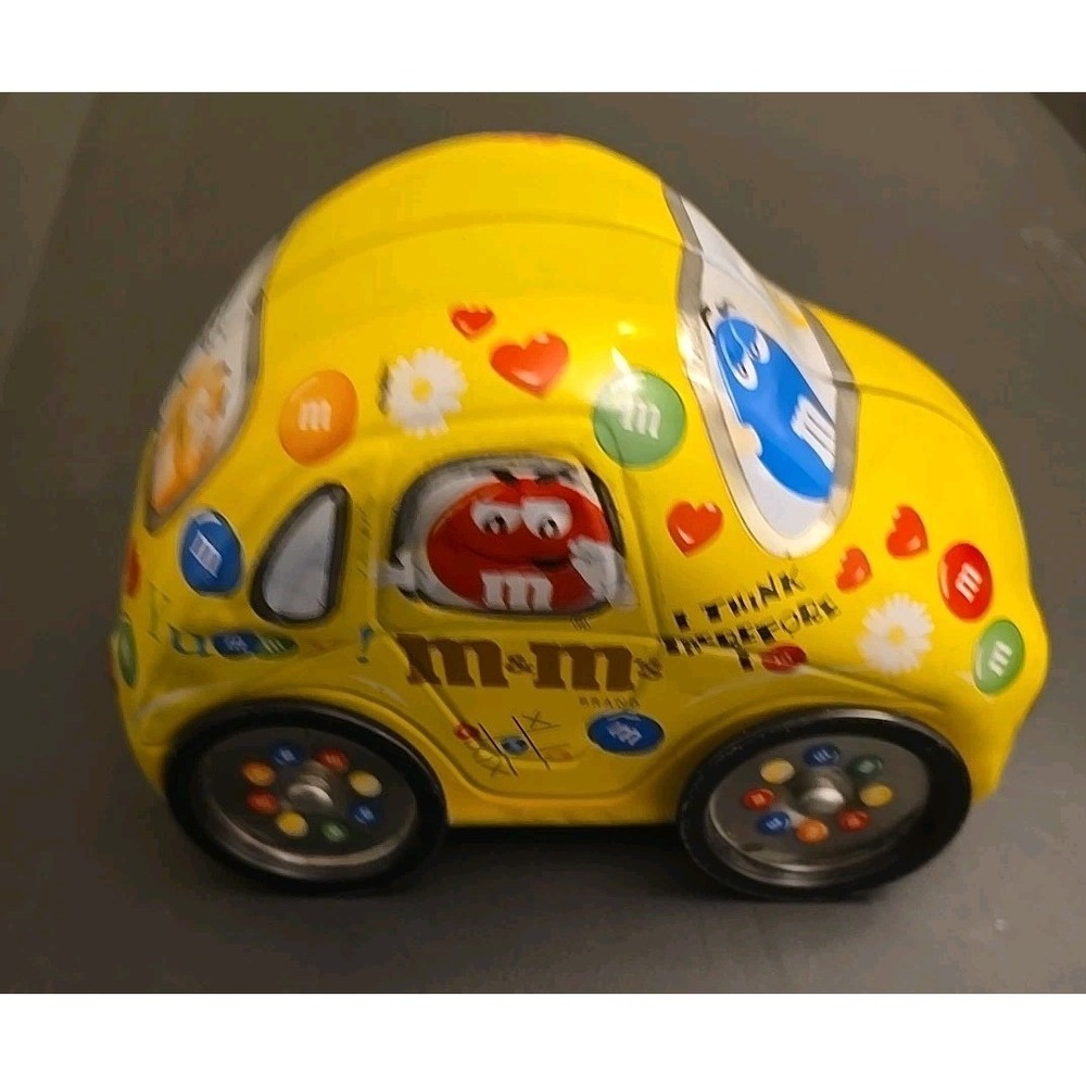 M&M's Yellow Car Tin Candy Dispenser Collectible Advertising Container Novelty